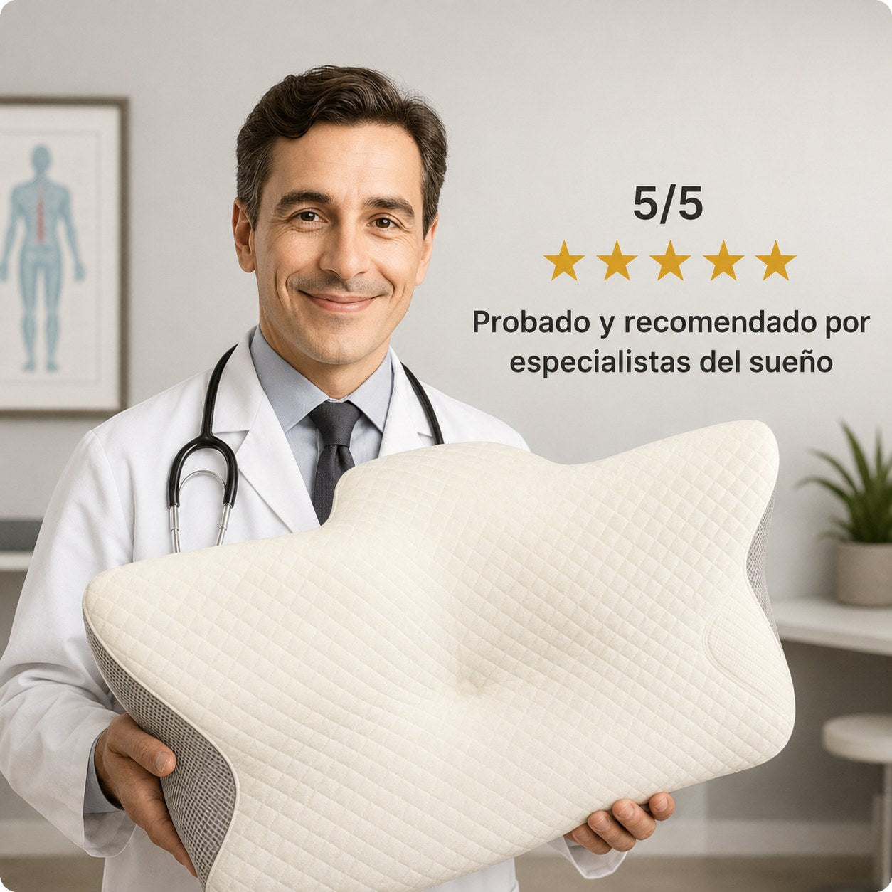 Especialista del sueño sosteniendo la almohada cervical