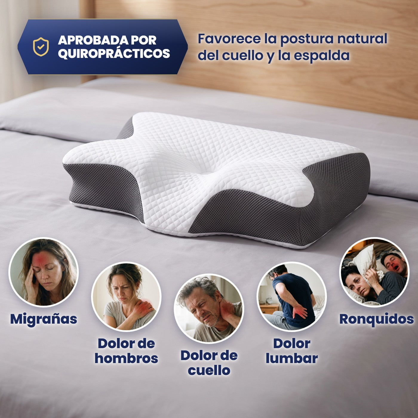 Almohada cervical Dormisana en la cama, con las cinco zonas de dolor marcadas y el sello de quiroprácticos