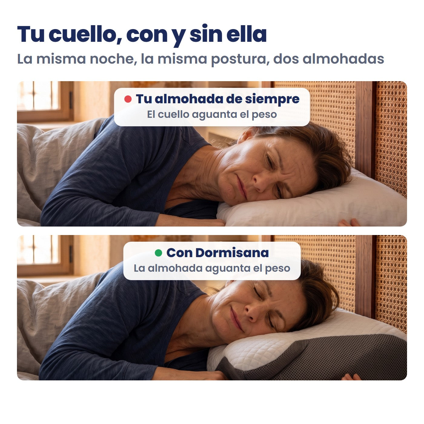 Antes y después: la misma mujer con su almohada de siempre y con la almohada Dormisana