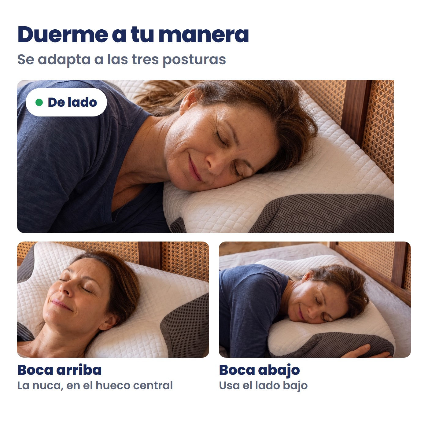 La almohada Dormisana durmiendo de lado, boca arriba y boca abajo