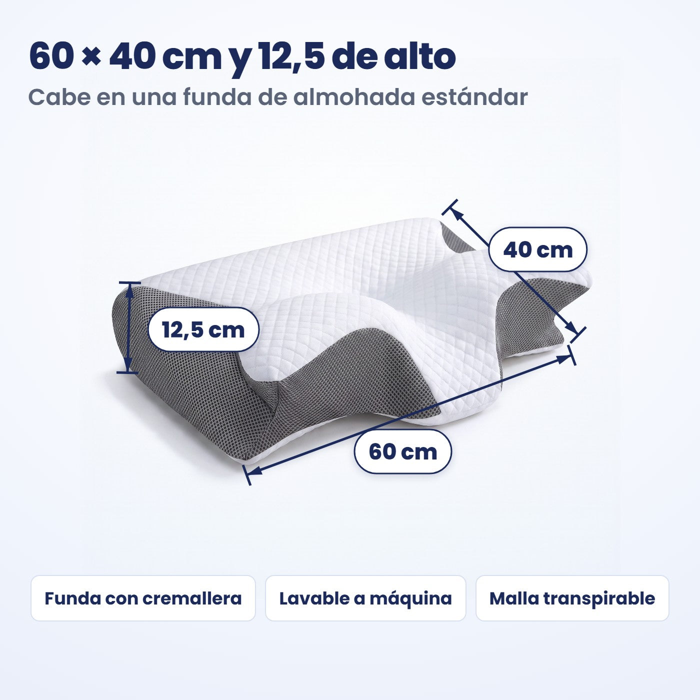 Medidas de la almohada Dormisana: 60 x 40 cm y 12,5 cm de alto